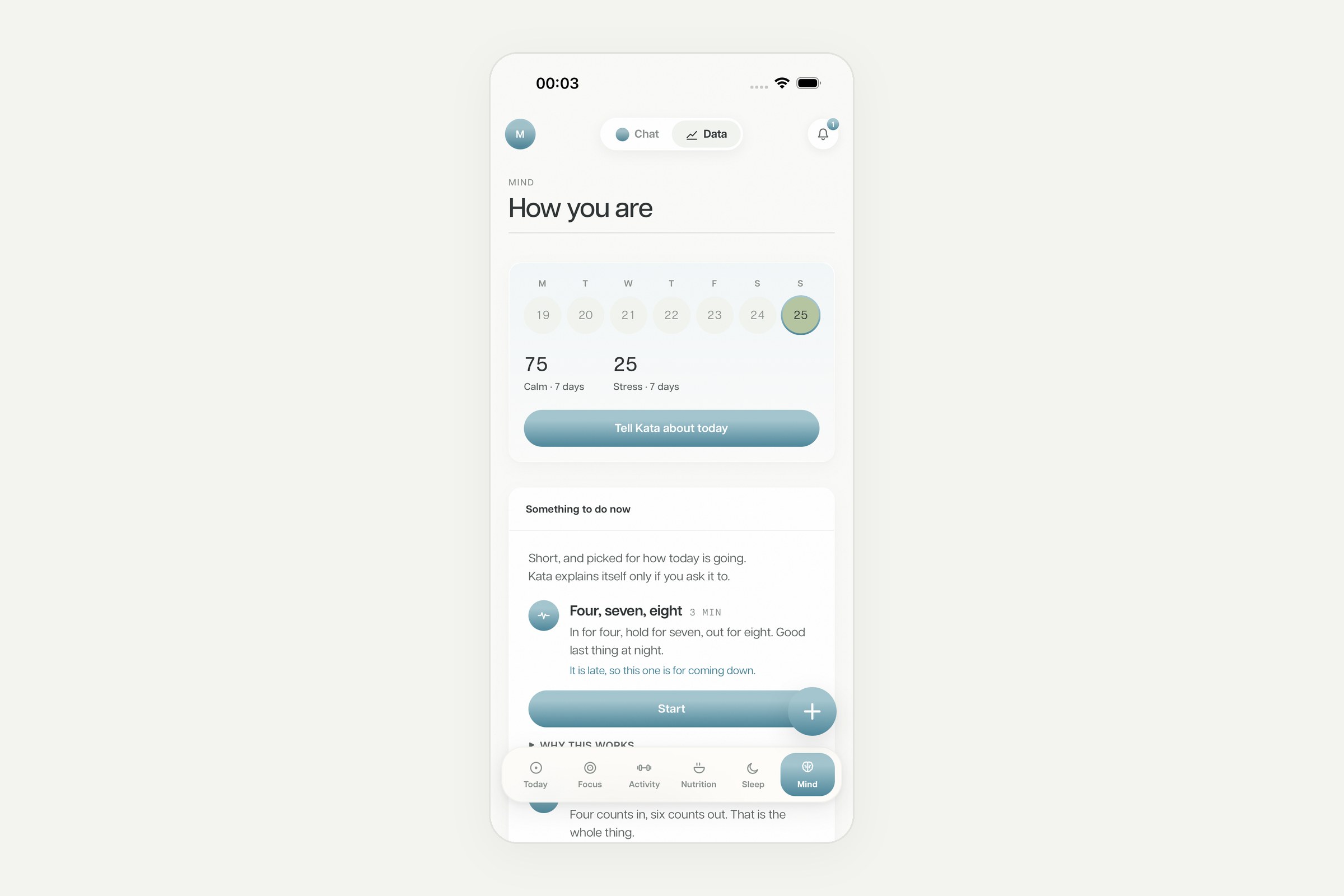 The Mind area in Kata on iPhone: how you are over the week, and something short to do now
